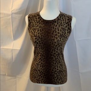 Saks cashmere leopard print sleeveless cardigan.